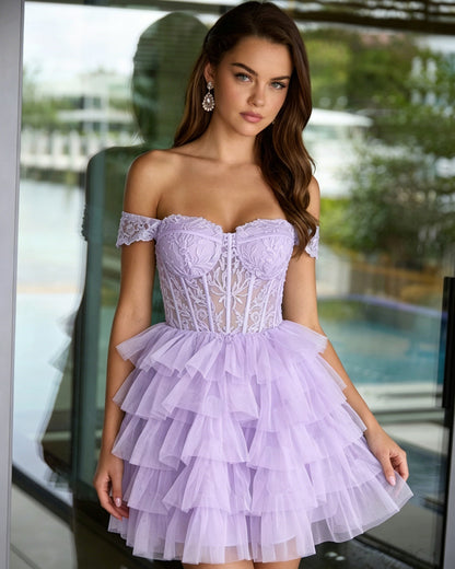 Off Shoulder Lace Corset Tulle Homecoming Dress with Tiered Layers