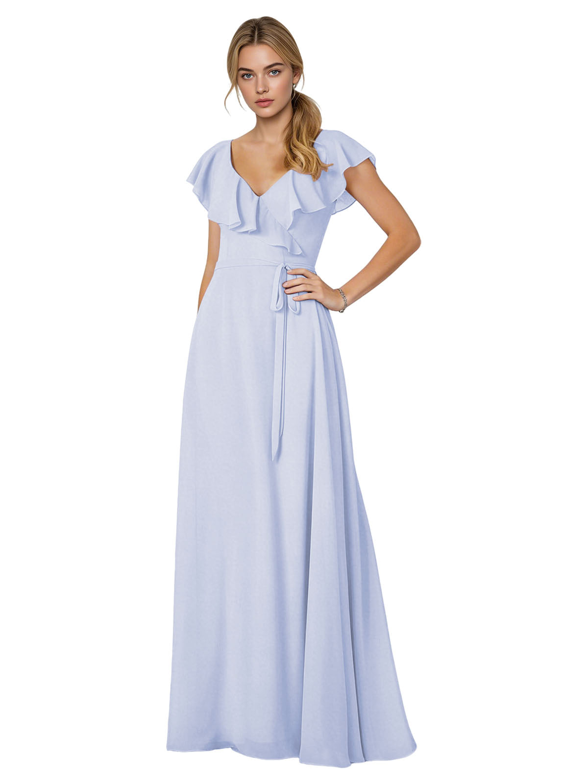 Tie Neck Chiffon Bridesmaid Dress with Flutter Sleeves