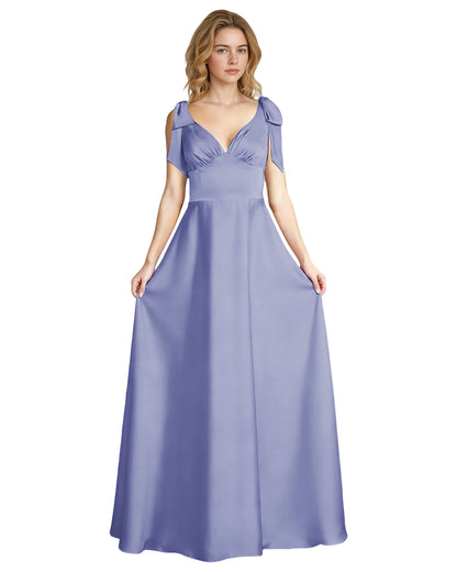 V-Neck Bow Strap Satin Bridesmaid Dress with Empire Waist