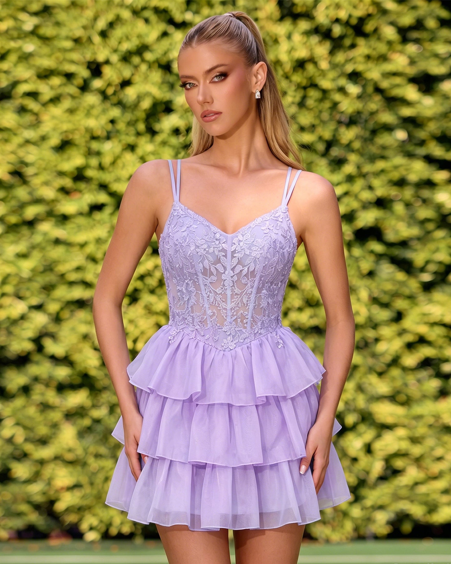 Double Strap Lace Corset Homecoming Dress with Tiered Tulle Skirt