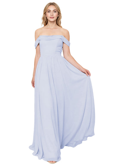Off Shoulder Pleated Chiffon Bridesmaid Dress with Flowing A-Line Dress