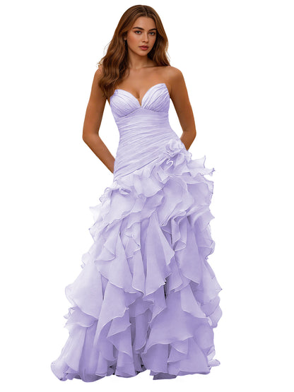Strapless Organza Ruffle Ball Gown Prom Dress with Draped Corset Bodice