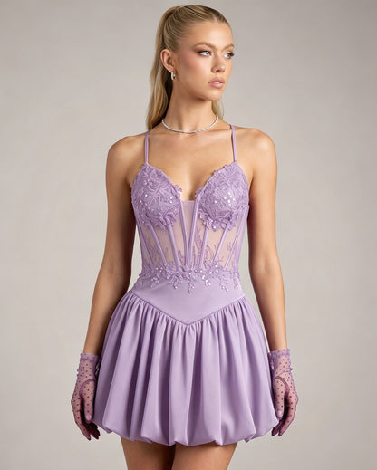 Spaghetti Strap Lace Corset Homecoming Dress with Flared Skirt