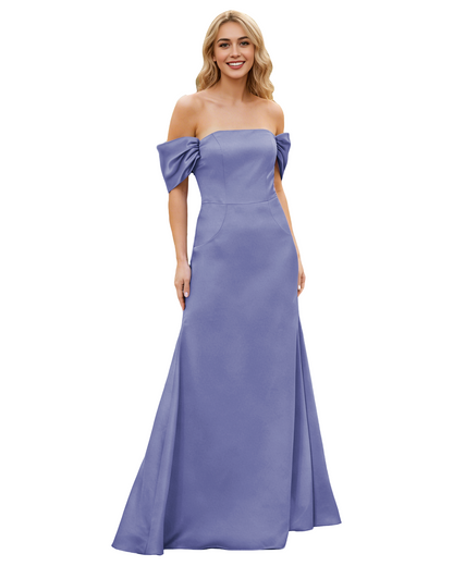 Off Shoulder Satin Bridesmaid Dress with Foldover Neckline and Trumpet Dress