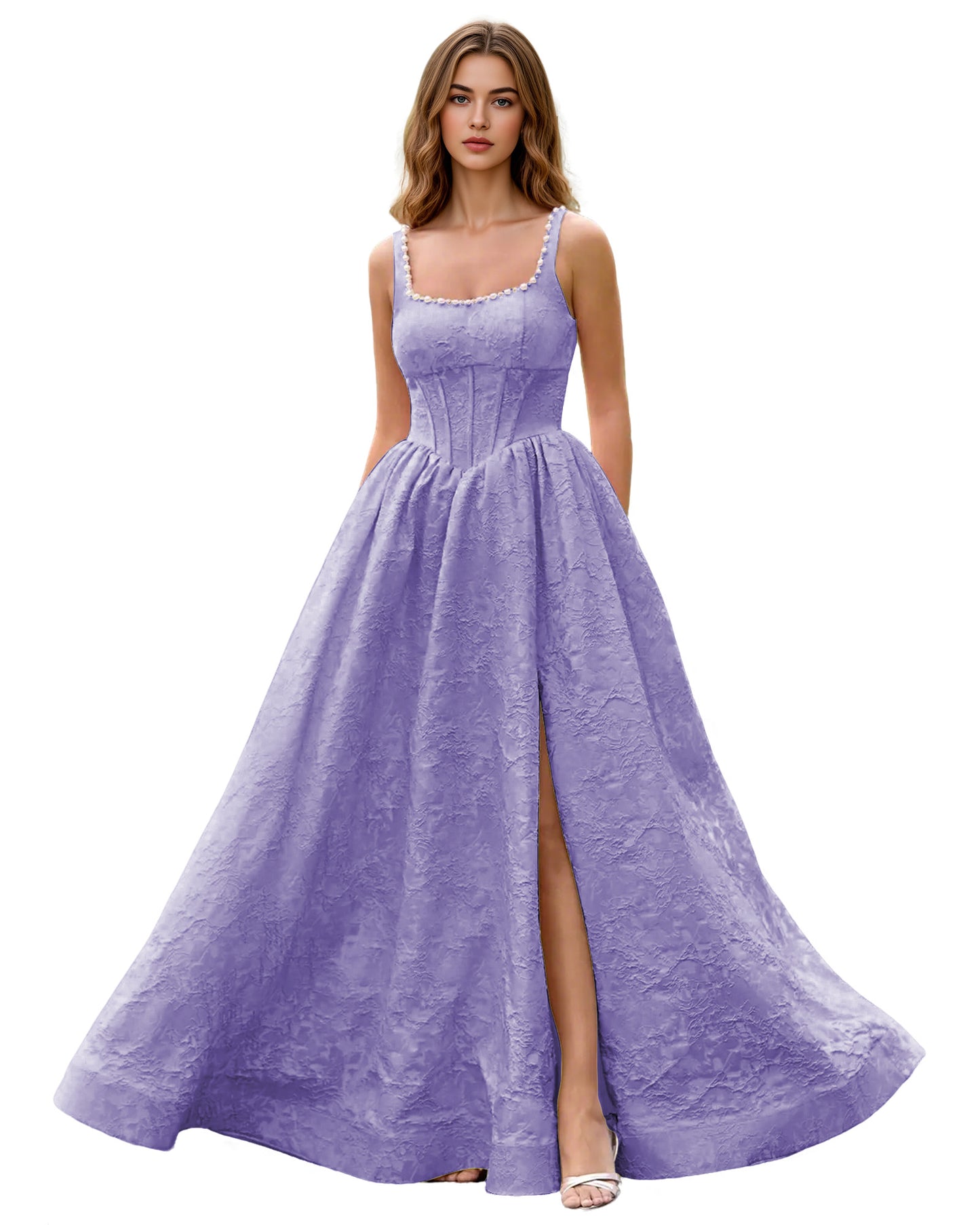 Square Neck Jacquard Ball Gown Prom Dress with Wide Straps and Pockets