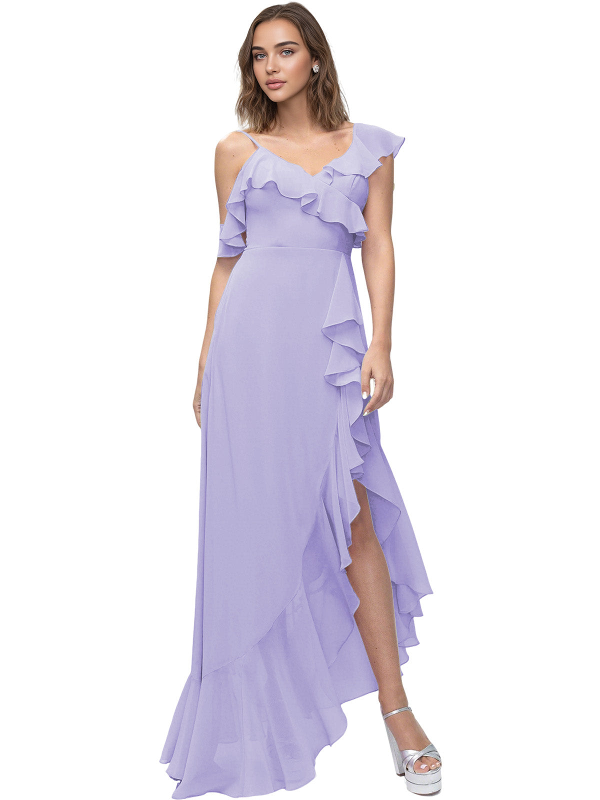 Asymmetrical Ruffle Chiffon Bridesmaid Dress with High Low Slit