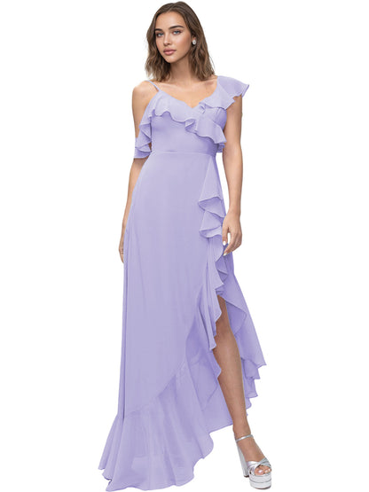 Asymmetrical Ruffle Chiffon Bridesmaid Dress with High Low Slit