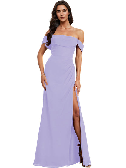 Off Shoulder Crepe Bridesmaid Dress with Foldover Neckline and Slit