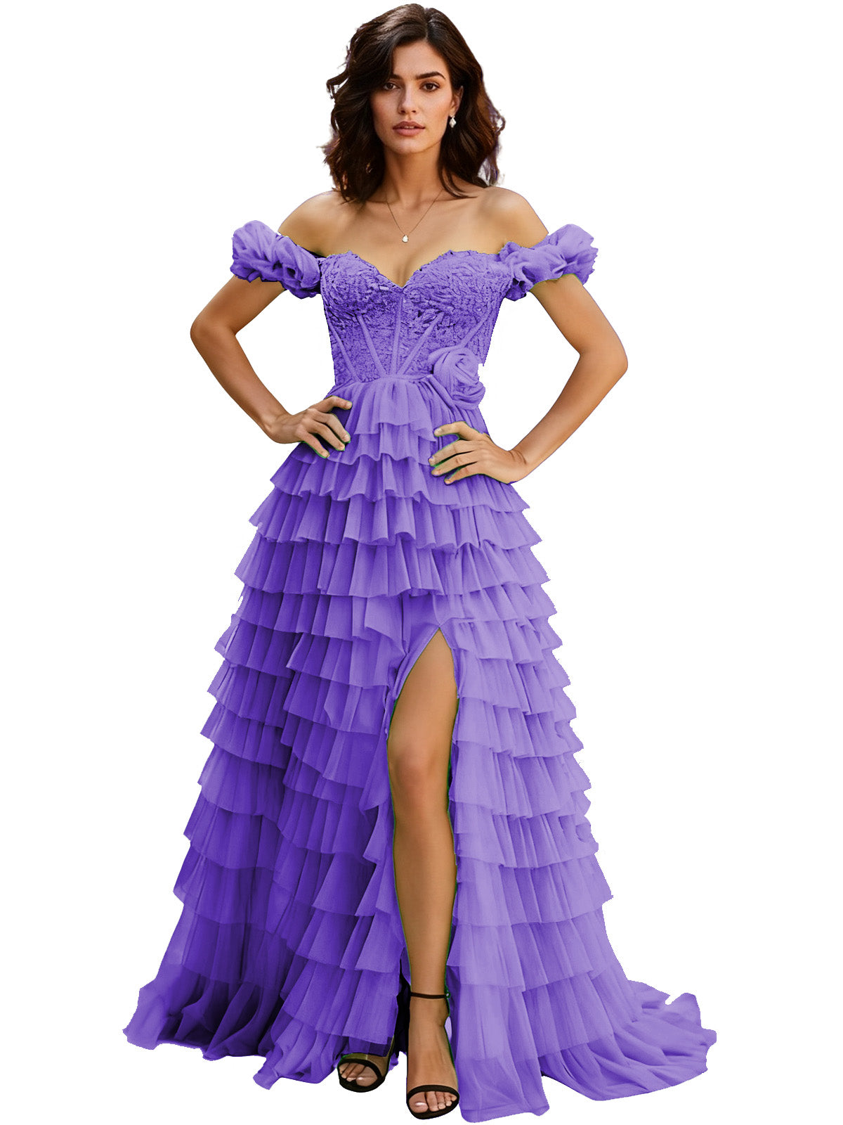 Off Shoulder Tulle Ball Gown Prom Dress with Ruffle Sleeves and Slit