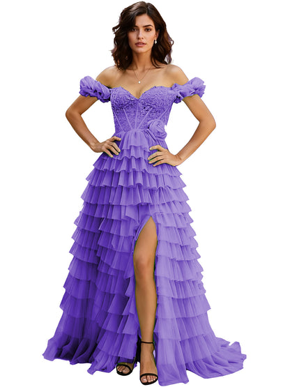 Off Shoulder Tulle Ball Gown Prom Dress with Ruffle Sleeves and Slit