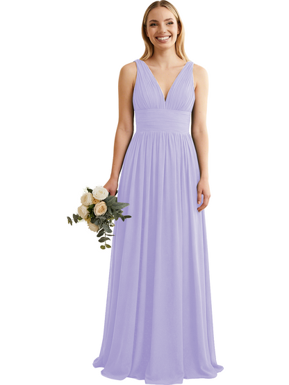 Deep V-Neck Chiffon Bridesmaid Dress with Pleated Waist
