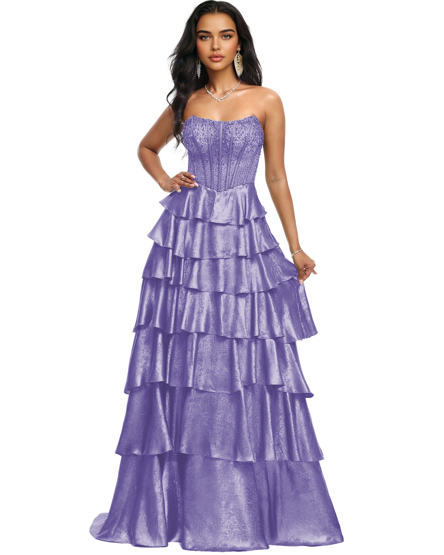Strapless Tiered Sequin A-Line Prom Dress with Ruffle Layers