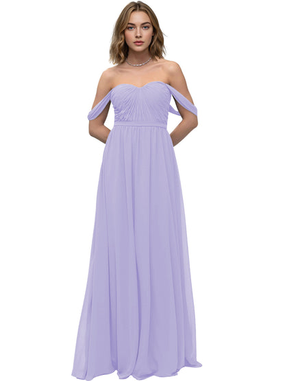 Off Shoulder Sweetheart Chiffon Bridesmaid Dress with Ruched Bodice
