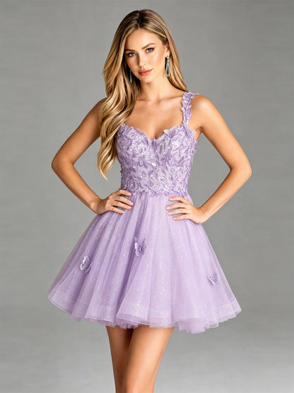 Floral Lace Strap Glitter Tulle Homecoming Dress