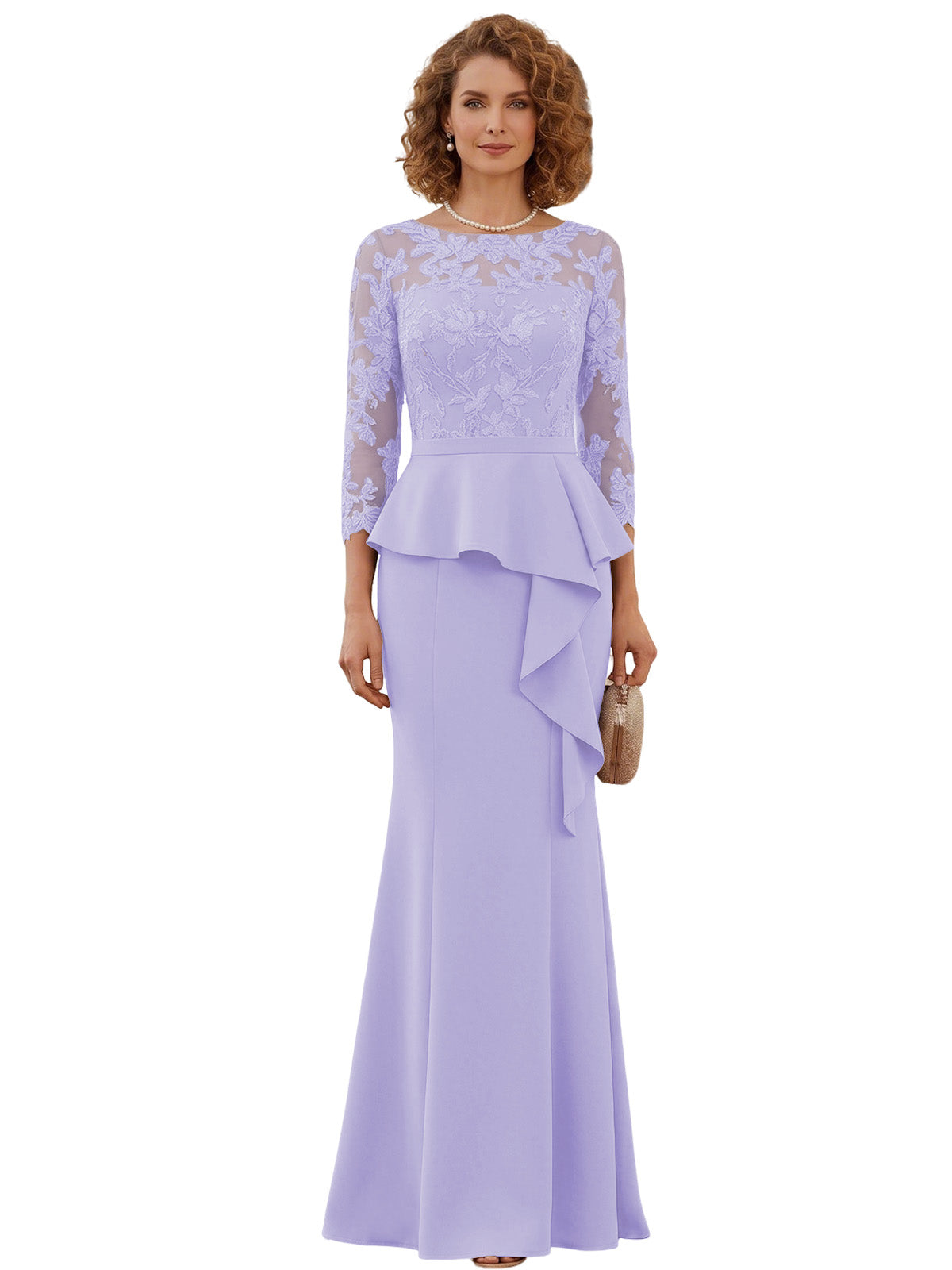 Long Mother of the Bride Dress Lace Illusion Bodice Peplum Mermaid Formal Evening Gown