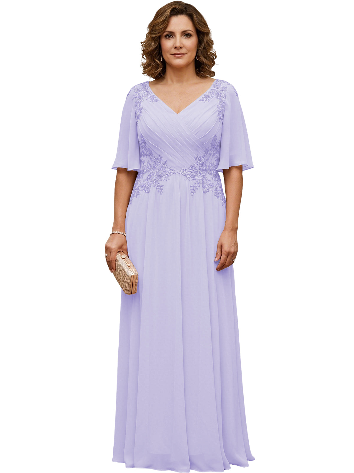 Mother of the Bride Dress Long Chiffon A-Line Gown with Flutter Sleeves and Beaded Lace