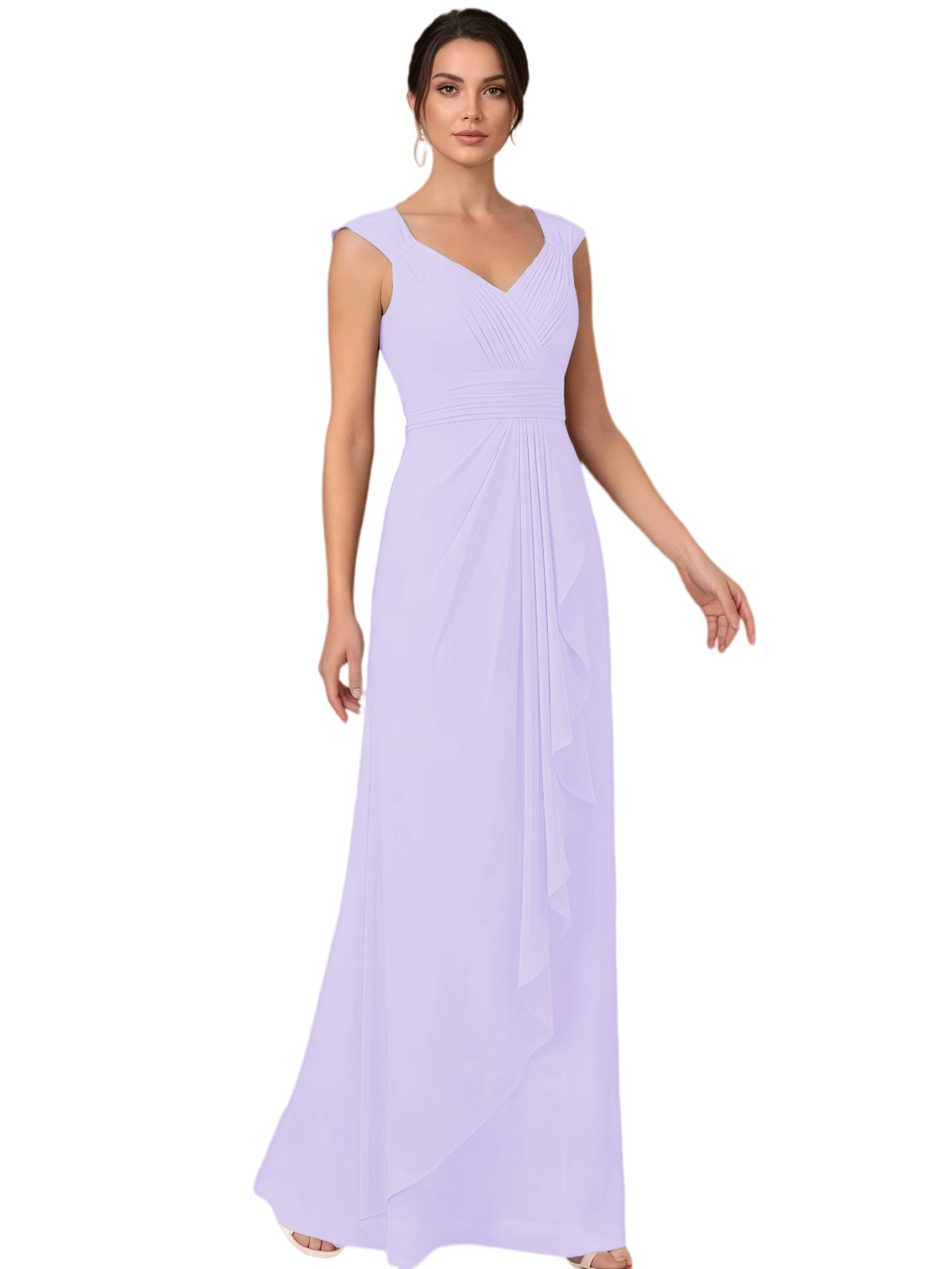 Mother of the Bride Dress Long Sleeveless V-Neck Chiffon Formal Gown with Ruffle Detail