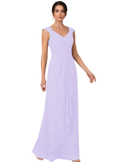 Mother of the Bride Dress Long Sleeveless V-Neck Chiffon Formal Gown with Ruffle Detail