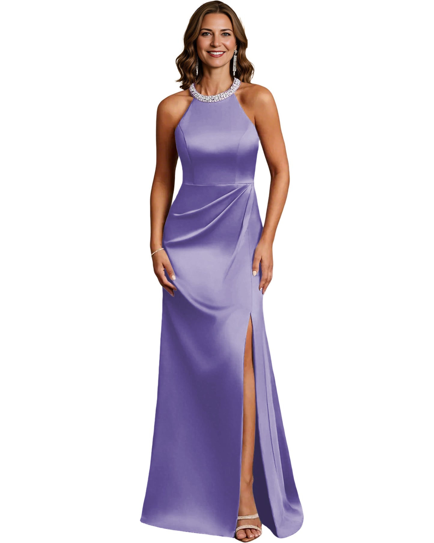 Halter Neck Mother of the Bride Dress Satin Mermaid Gown with Beaded Collar and Slit