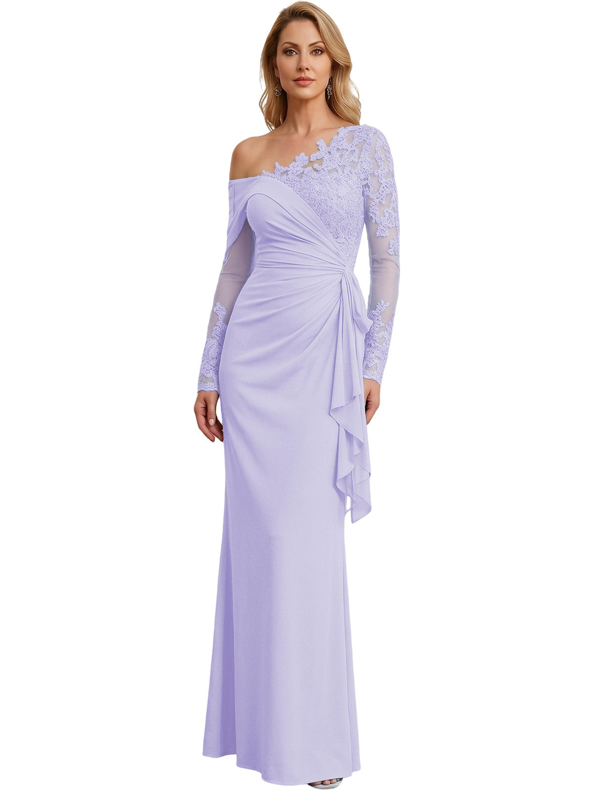 One Shoulder Mother of the Bride Gown Long Lace Sleeve Mermaid Dress with Draped Ruffle