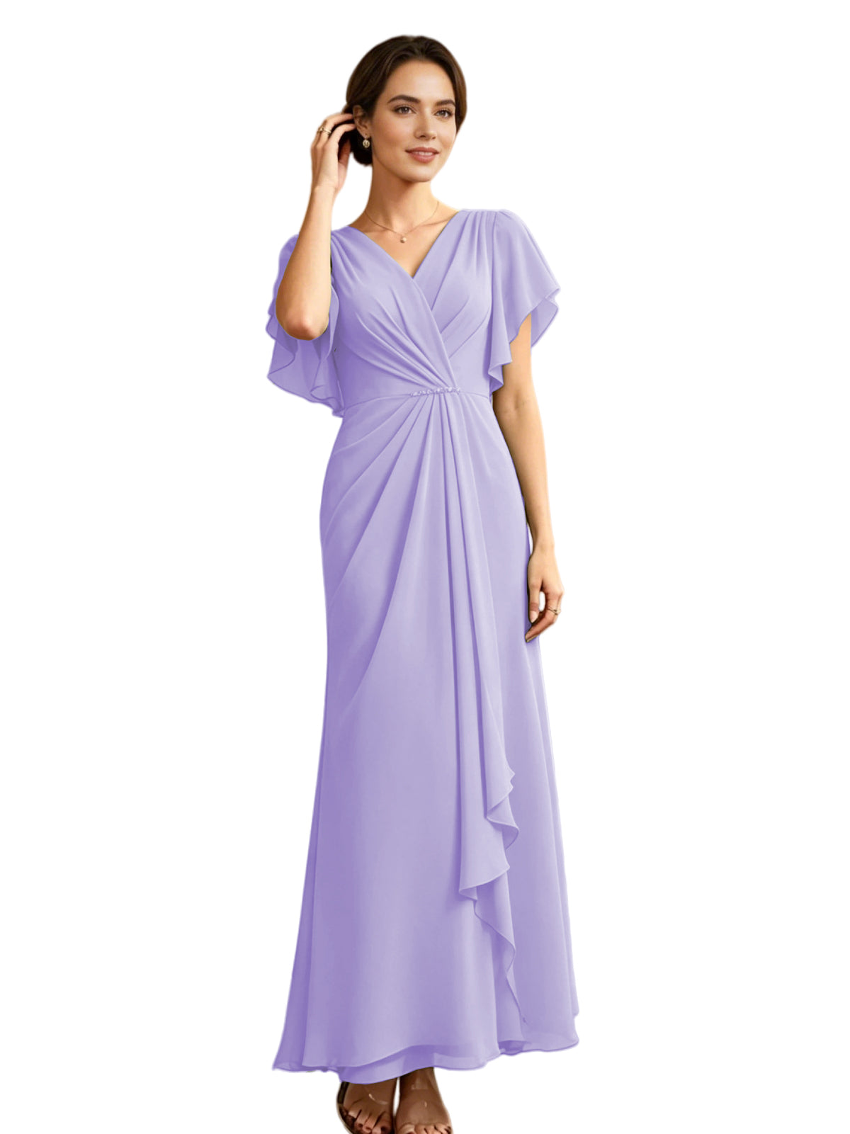 Long Chiffon Mother of the Bride Dress V-Neck Flutter Sleeve A-Line Gown with Beaded Waist