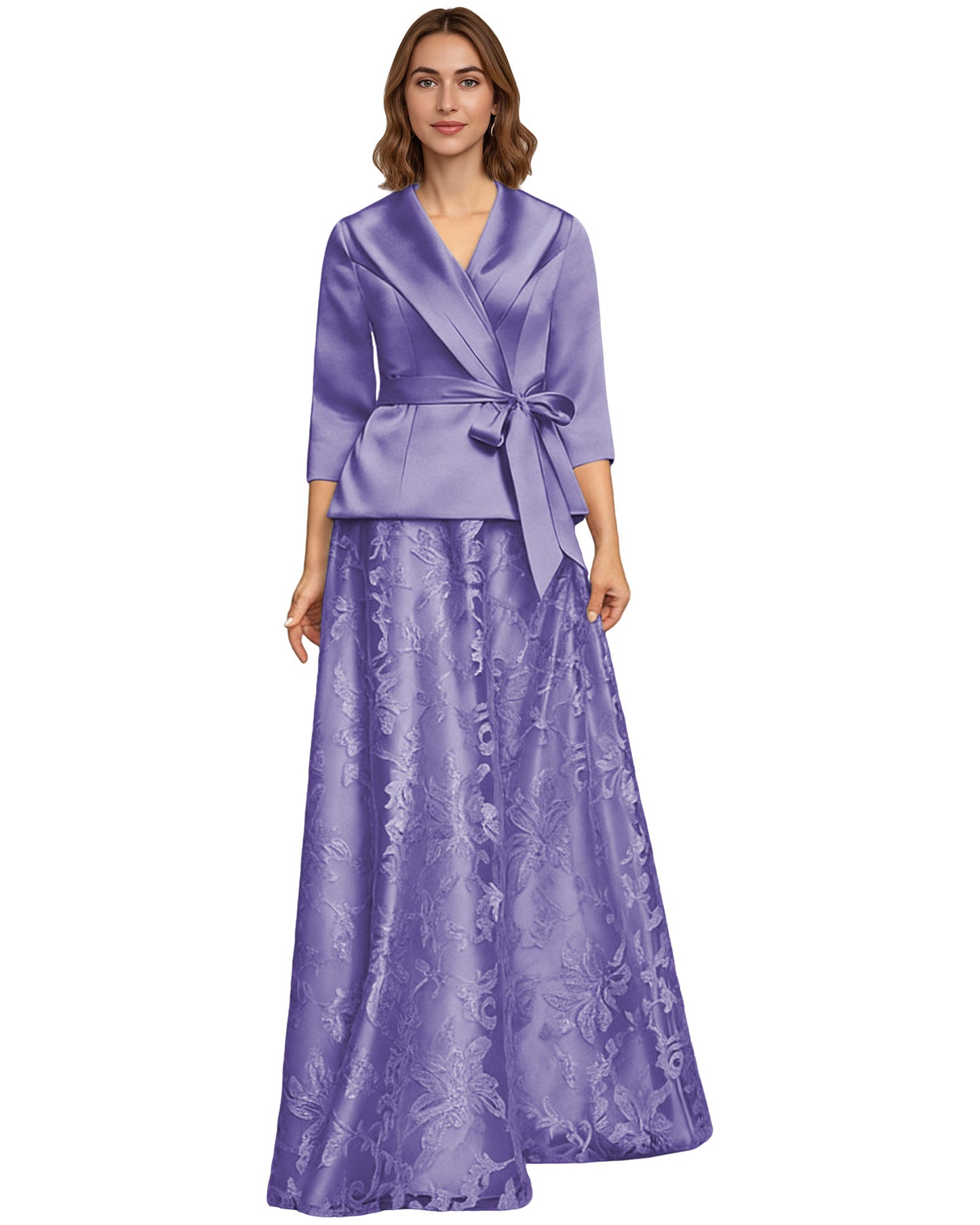 Two Piece Mother of the Bride Dress Satin Wrap Top Embroidered Long Skirt Formal Set