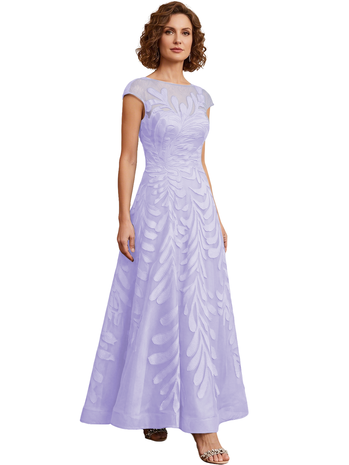 Embroidered Tulle Mother of the Bride Dress Long A-Line Gown with Illusion Cap Sleeves