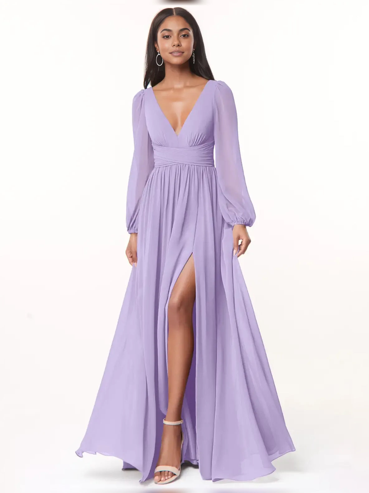 Slit Plunging Neckline A-Line Floor-Length Chiffon Bridesmaid Dress for Wedding Ceremony