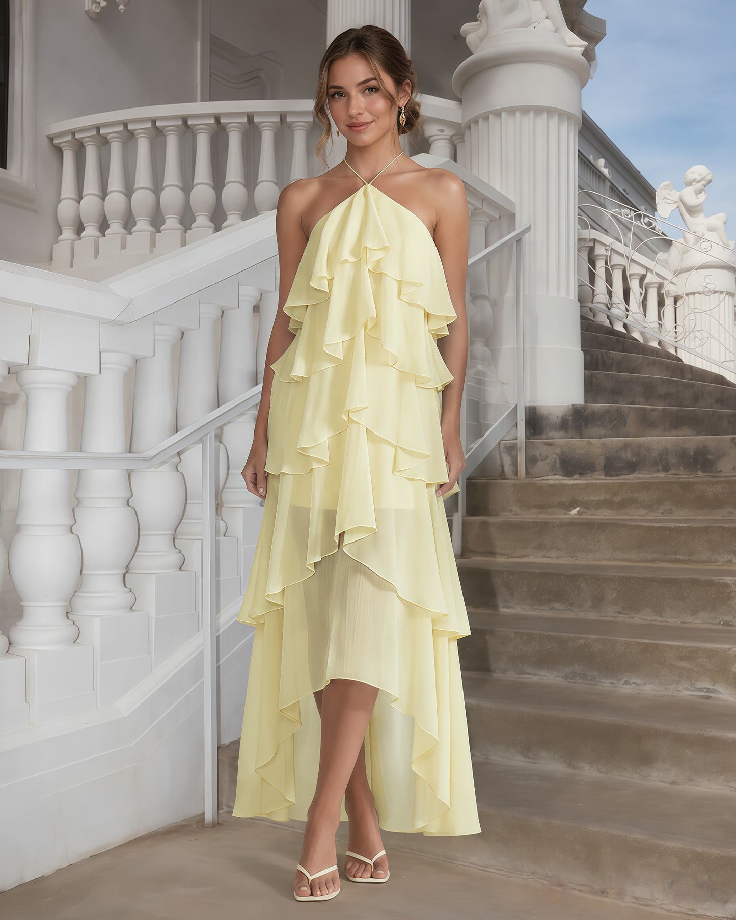 One-Shoulder Tiered Ruffle High-Low Chiffon Formal Dress