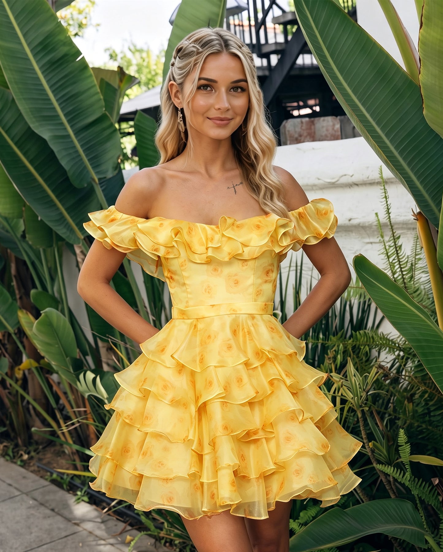 Off-Shoulder 3D Floral Ruffle A-Line Mini Homecoming Dress