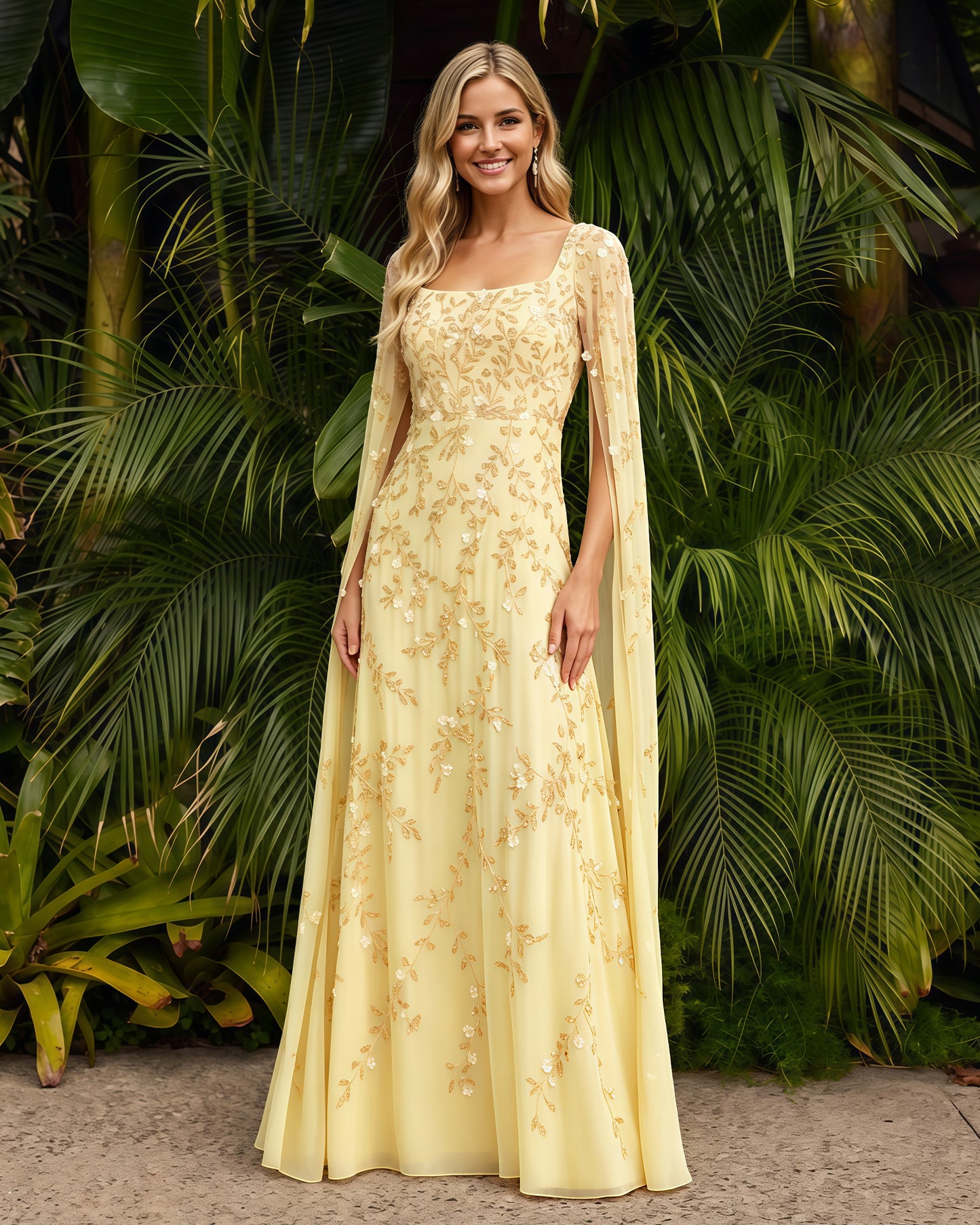 Square-Neck Long-Sleeve Lace A-Line Formal Dress