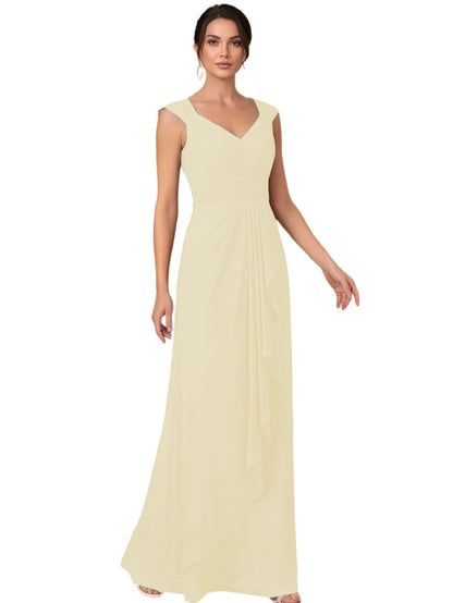 Mother of the Bride Dress Long Sleeveless V-Neck Chiffon Formal Gown with Ruffle Detail