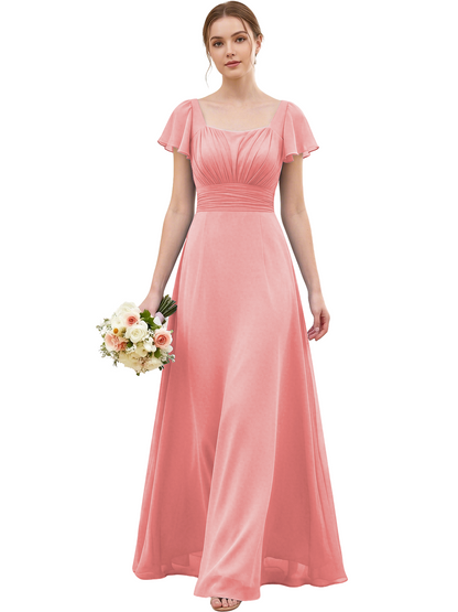 Square Neck Chiffon Bridesmaid Dress with Flutter Sleeves and Lace-Up Back