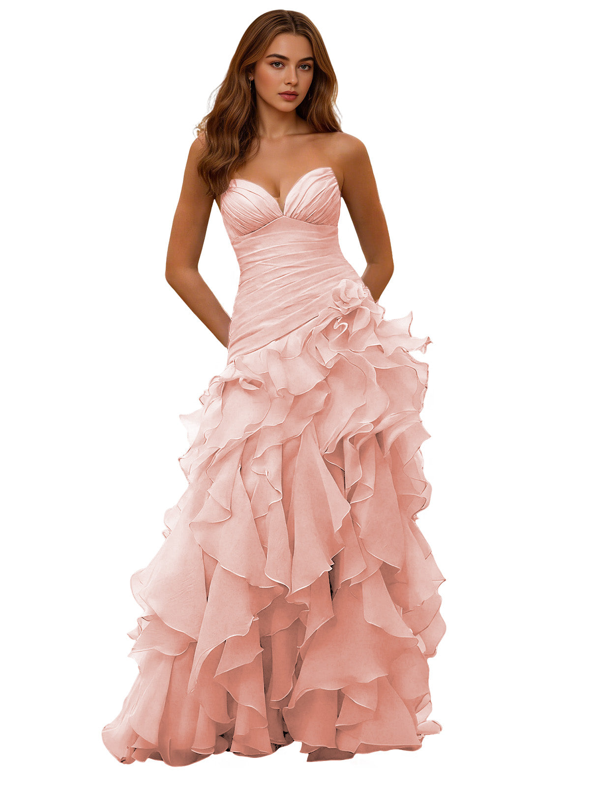 Strapless Organza Ruffle Ball Gown Prom Dress with Draped Corset Bodice