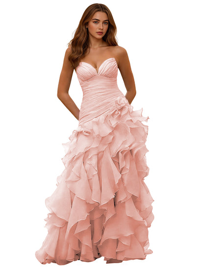 Strapless Organza Ruffle Ball Gown Prom Dress with Draped Corset Bodice