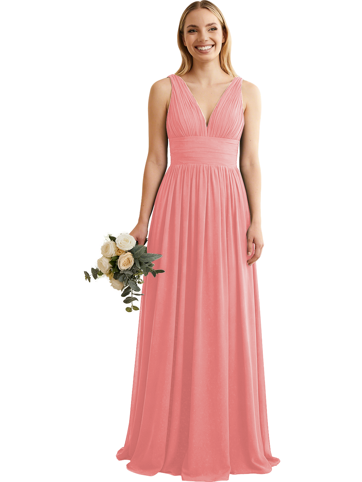 Deep V-Neck Chiffon Bridesmaid Dress with Pleated Waist