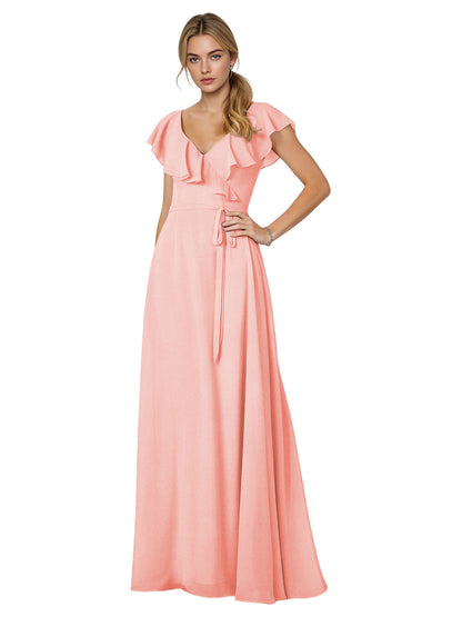 Tie Neck Chiffon Bridesmaid Dress with Flutter Sleeves