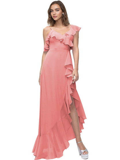 Asymmetrical Ruffle Chiffon Bridesmaid Dress with High Low Slit