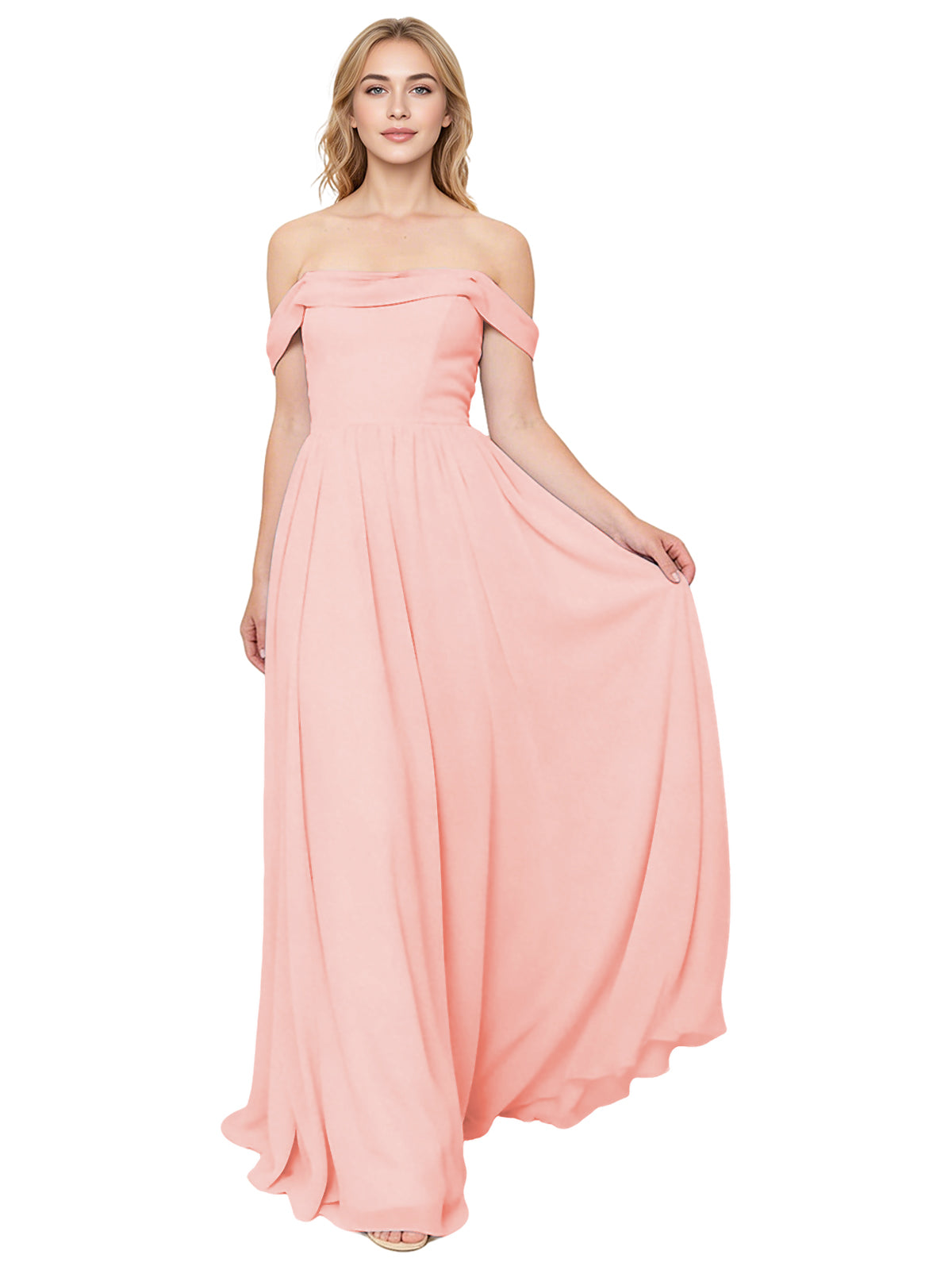 Off Shoulder Pleated Chiffon Bridesmaid Dress with Flowing A-Line Dress