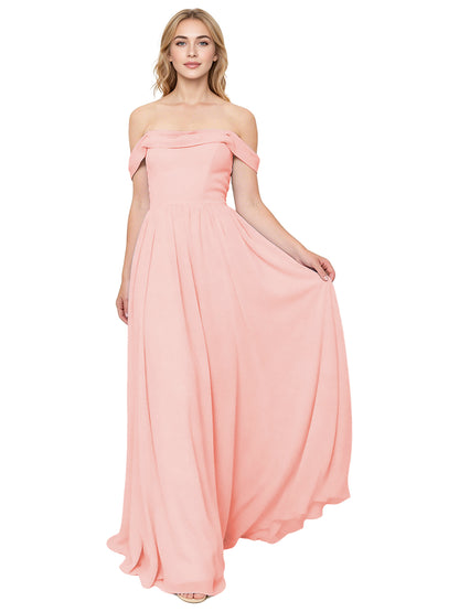 Off Shoulder Pleated Chiffon Bridesmaid Dress with Flowing A-Line Dress