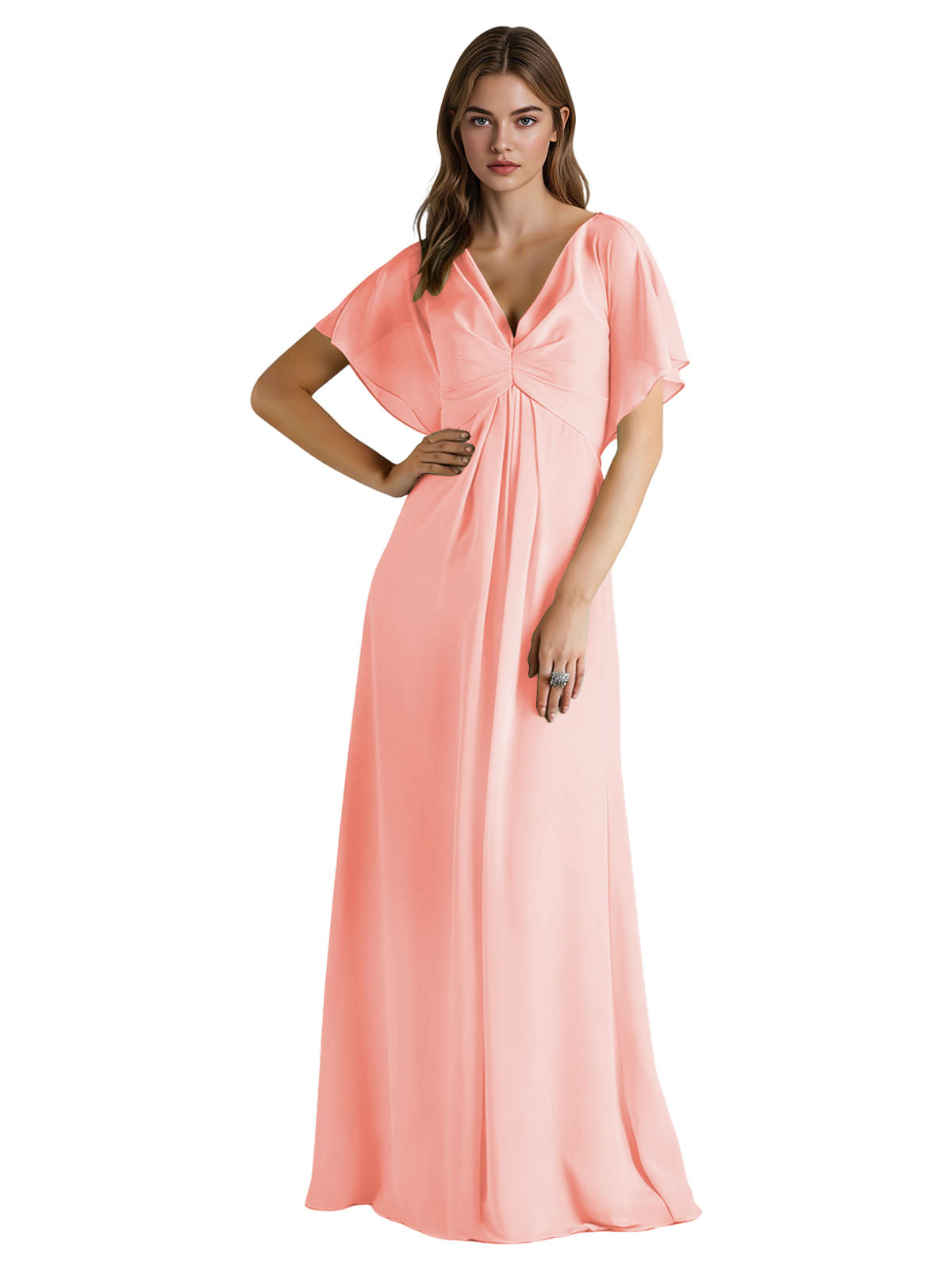 Short Sleeve V-Neck Chiffon Bridesmaid Dress with Gathered Waist