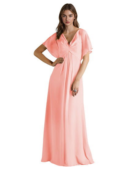 Short Sleeve V-Neck Chiffon Bridesmaid Dress with Gathered Waist