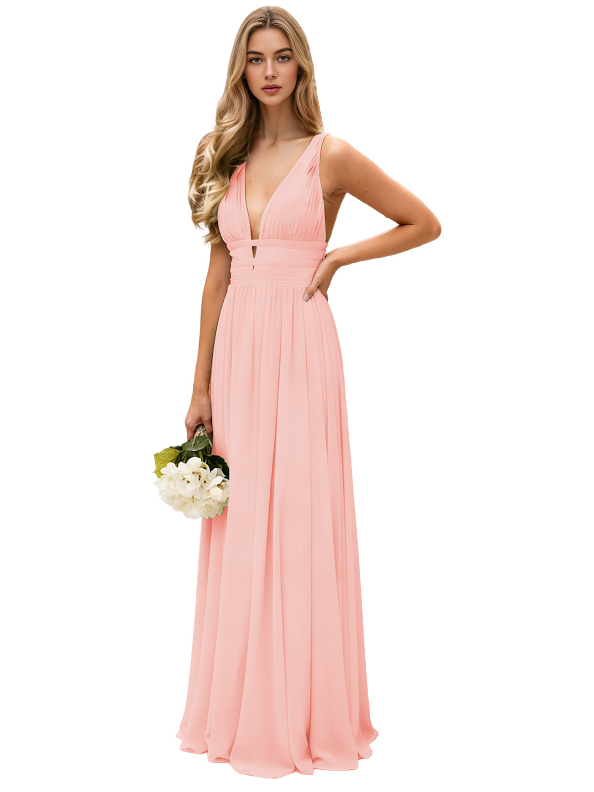 Spaghetti Strap V-Neck Chiffon Bridesmaid Dress with Open Back