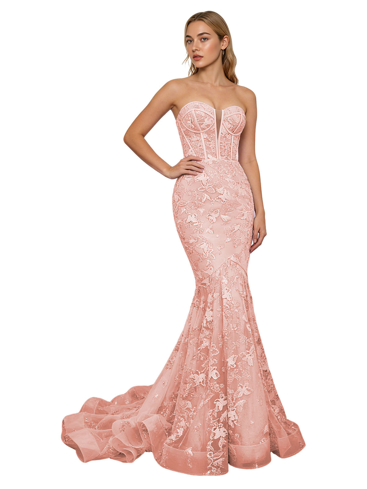 Strapless Lavender Lace Mermaid Prom Dress with Sheer Corset and Train
