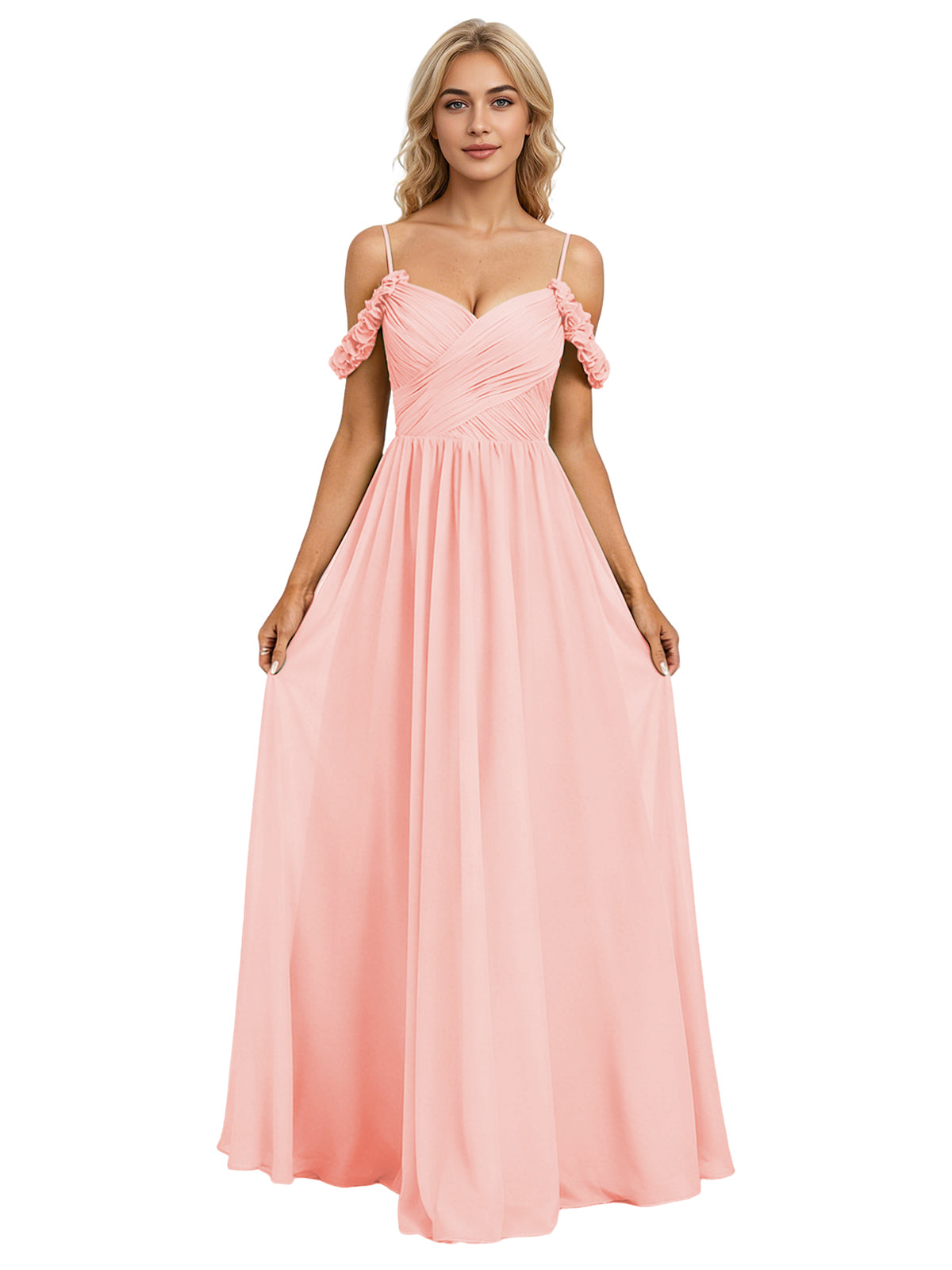 Off Shoulder Lace Applique Bridesmaid Dress with Flowing Chiffon dress