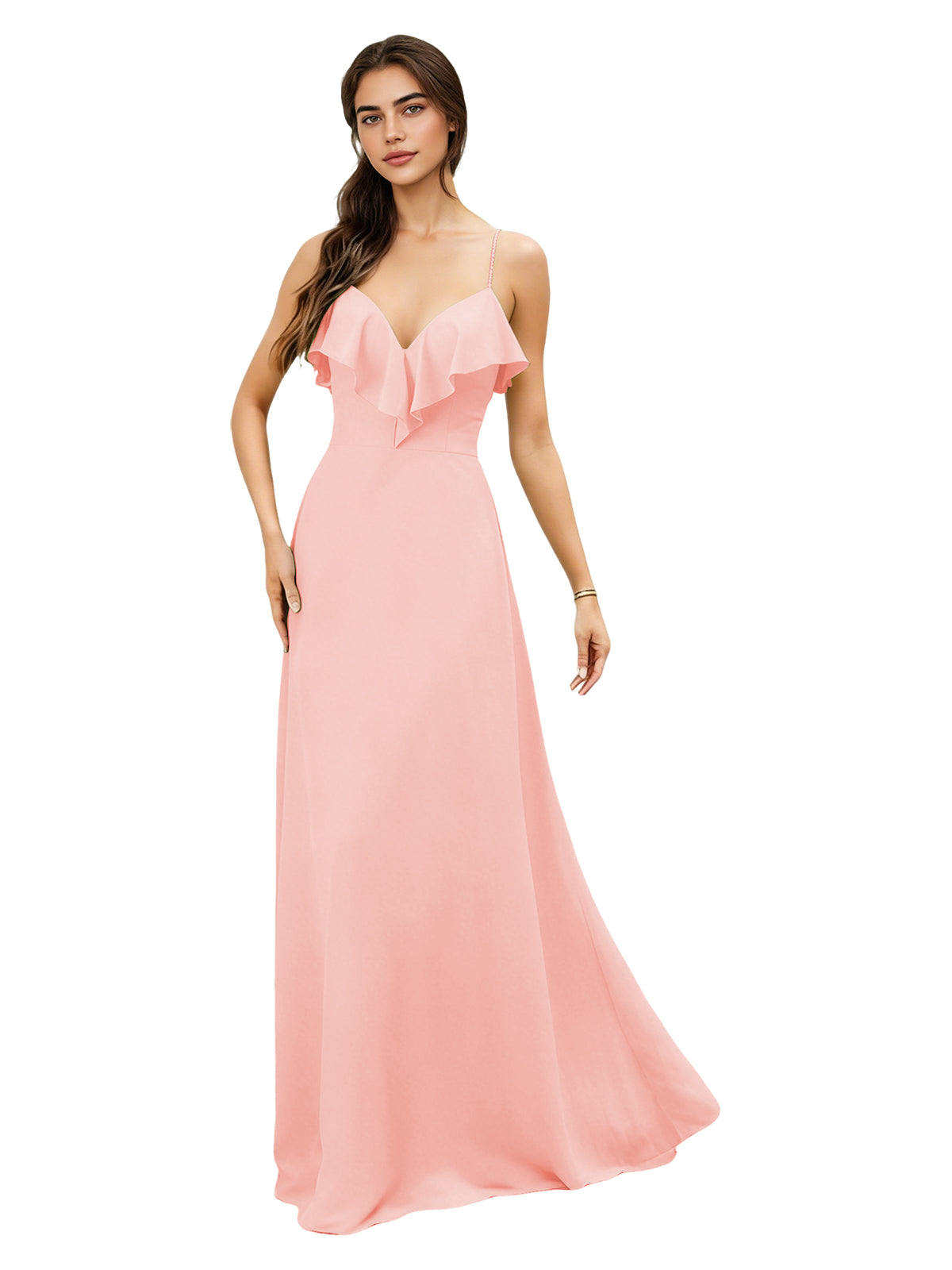 Ruffle V-Neck Chiffon Bridesmaid Dress with Spaghetti Straps