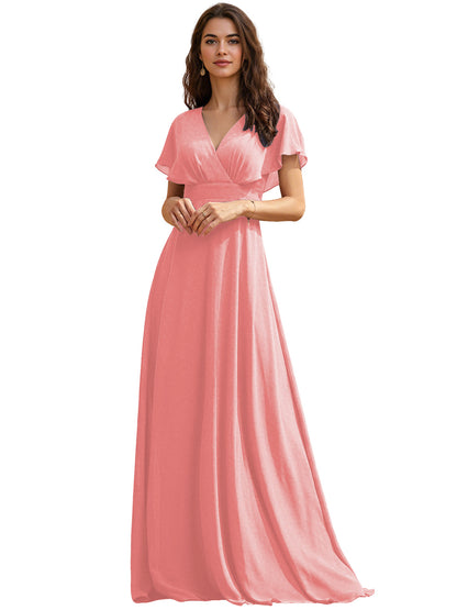 Flutter Sleeve V-Neck Chiffon Bridesmaid Dress with Flowing dress