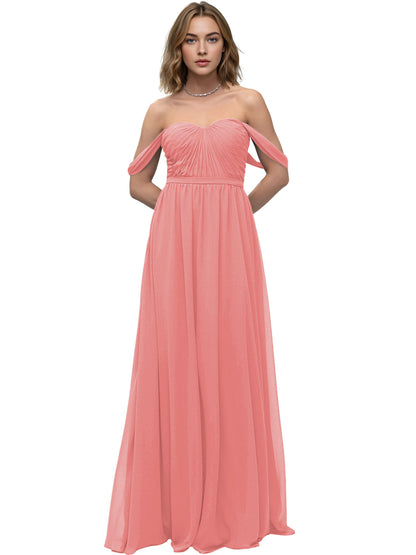 Off Shoulder Sweetheart Chiffon Bridesmaid Dress with Ruched Bodice