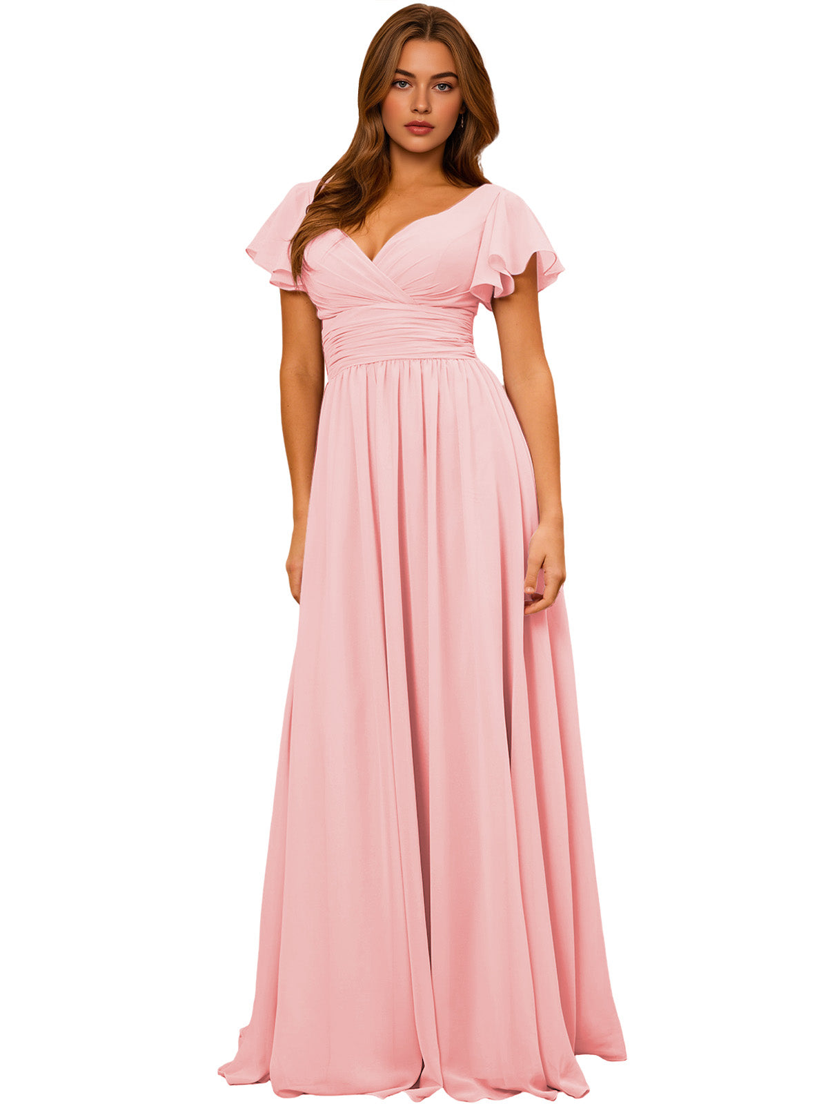 V-Neck Flutter Sleeve Chiffon Bridesmaid Dress with Empire Waist