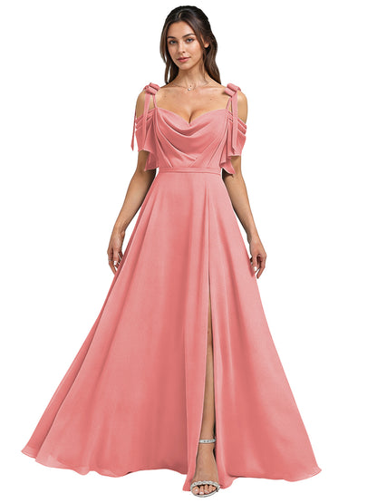 Cowl Neck Cold Shoulder Bridesmaid Dress with High Slit Chiffon Dress